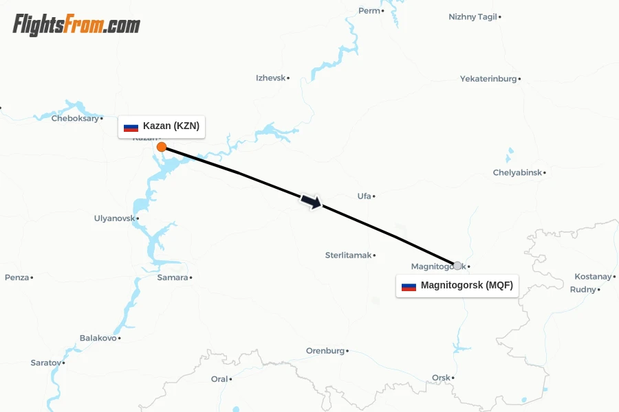 Flights from Kazan to Magnitogorsk route map