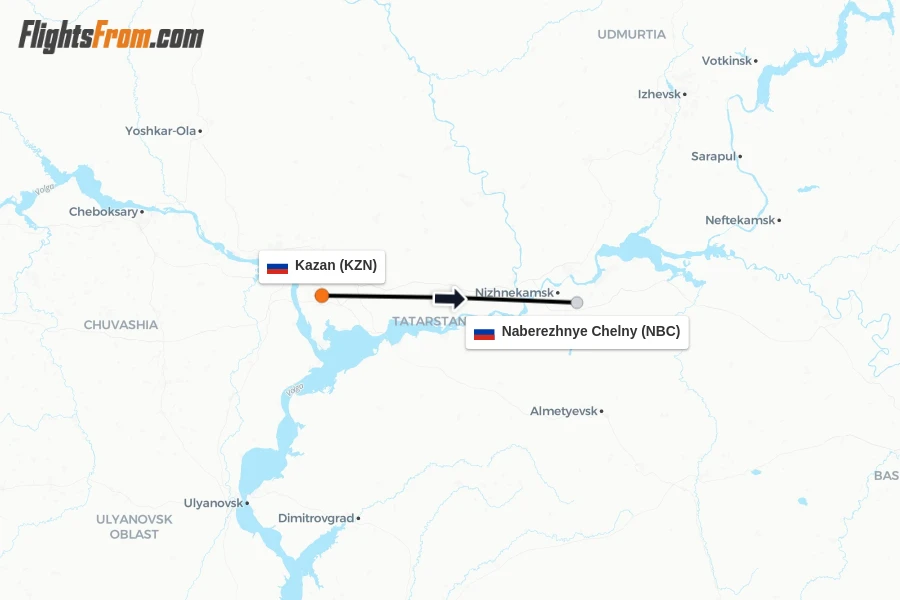 Flights from Kazan to Naberezhnye Chelny route map