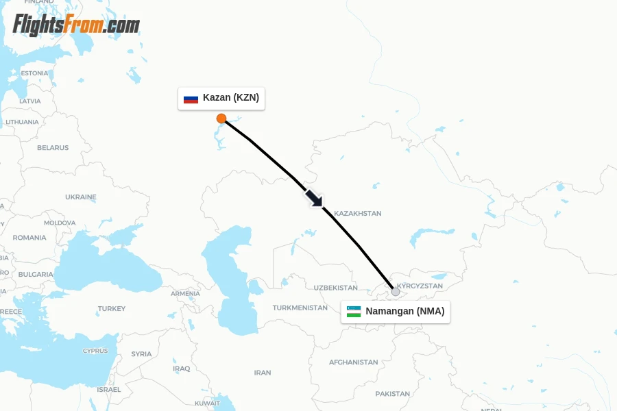 Flights from Kazan to Namangan route map