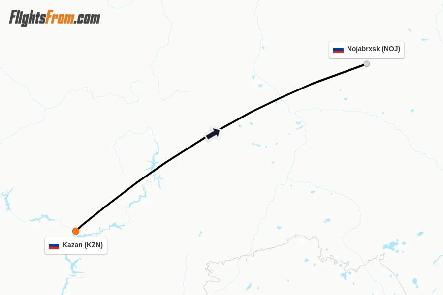 Flights from Kazan to Nojabrxsk route map