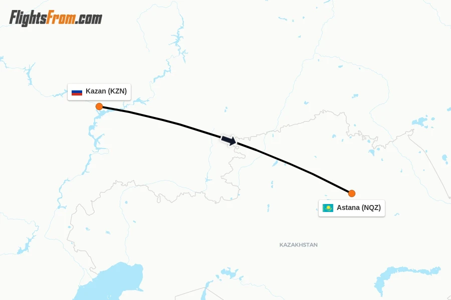 Flights from Kazan to Astana route map