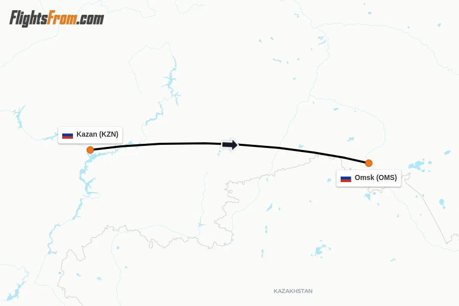 Flights from Kazan to Omsk route map