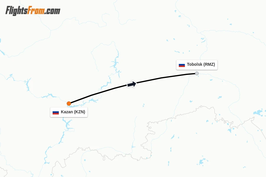 Flights from Kazan to Tobolsk route map