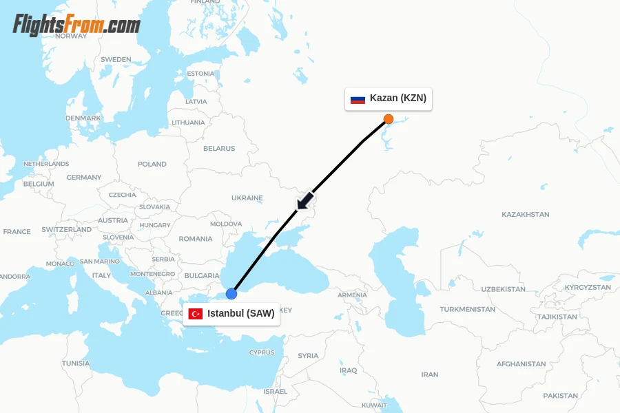 Flights from Kazan to Istanbul route map