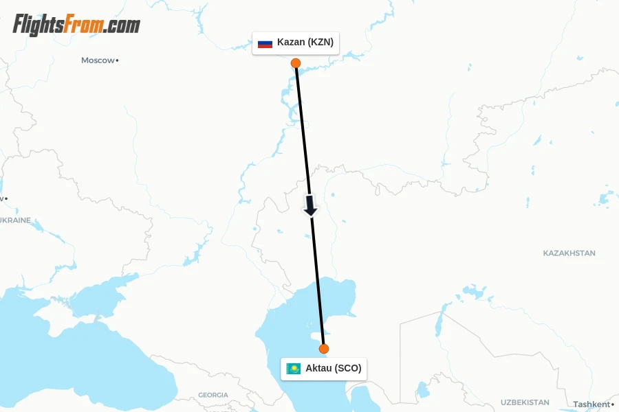 Flights from Kazan to Aktau route map