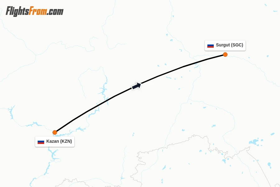 Flights from Kazan to Surgut route map