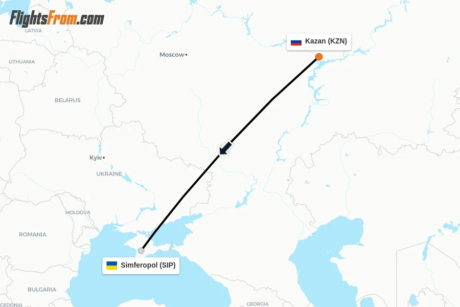 Flights from Kazan to Simferopol route map