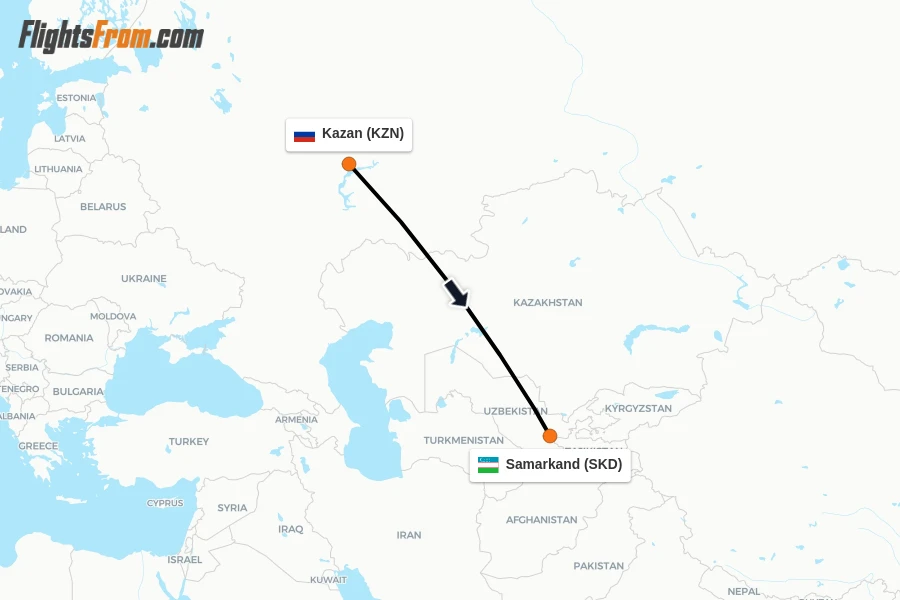 Flights from Kazan to Samarkand route map