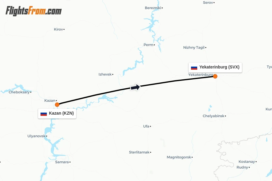 Flights from Kazan to Yekaterinburg route map