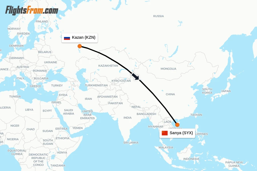 Flights from Kazan to Sanya route map