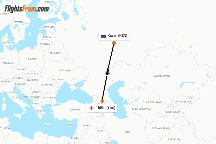 Flights from Kazan to Tbilisi route map