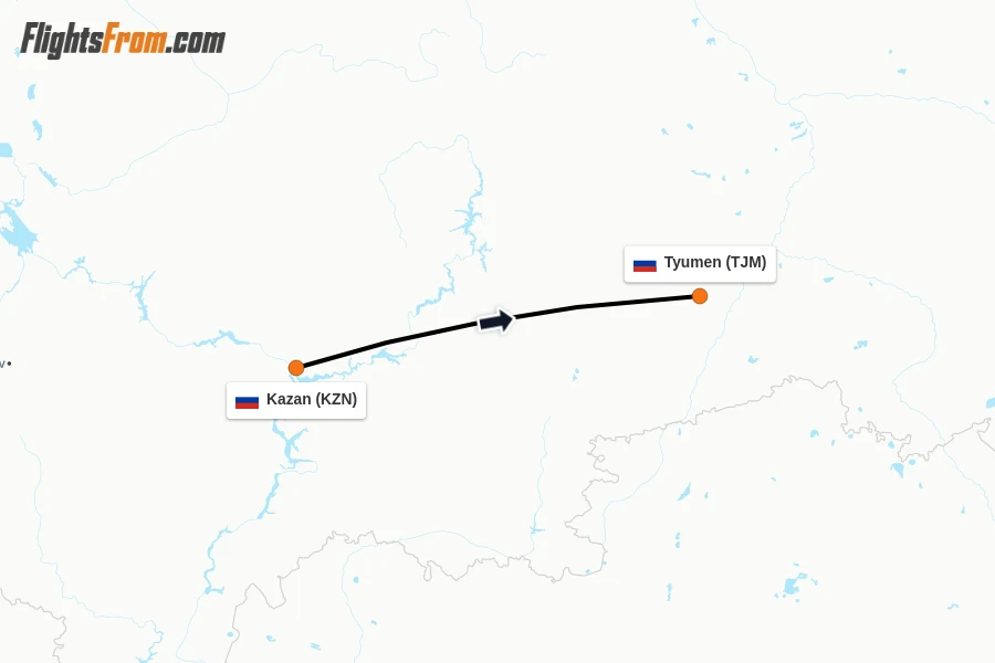Flights from Kazan to Tyumen route map