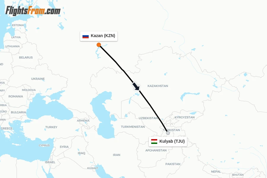 Flights from Kazan to Kulyab route map