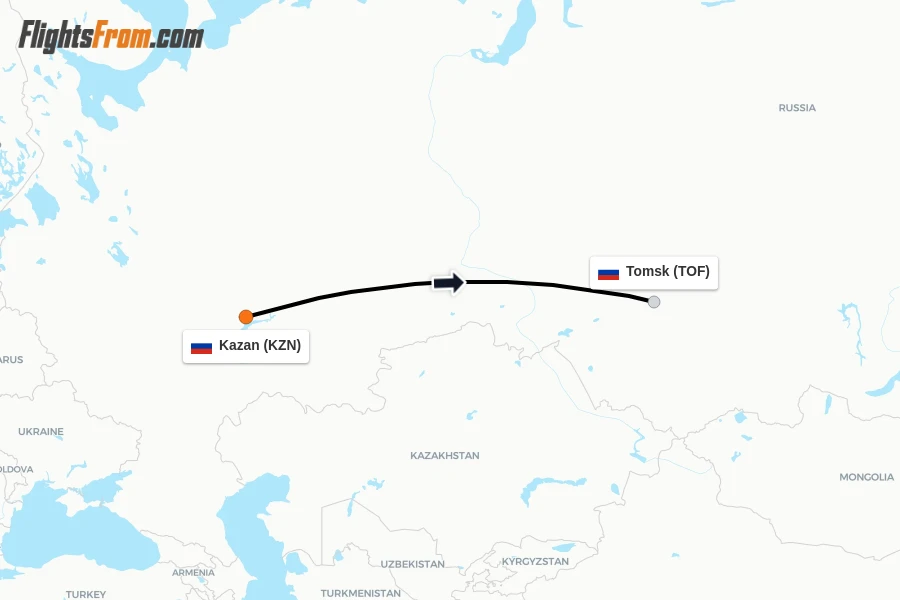 Flights from Kazan to Tomsk route map