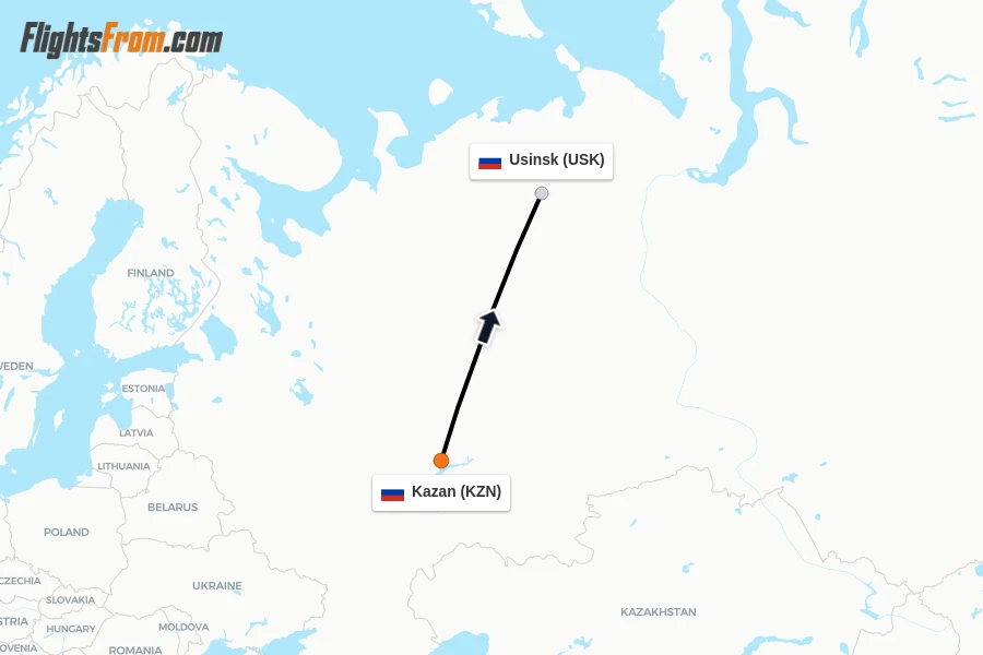 Flights from Kazan to Usinsk route map