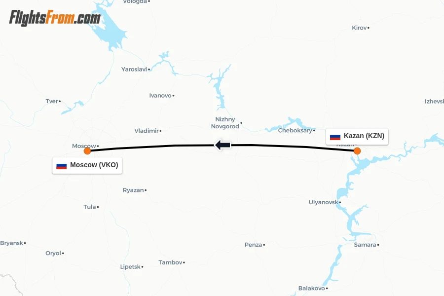Flights from Kazan to Moscow route map