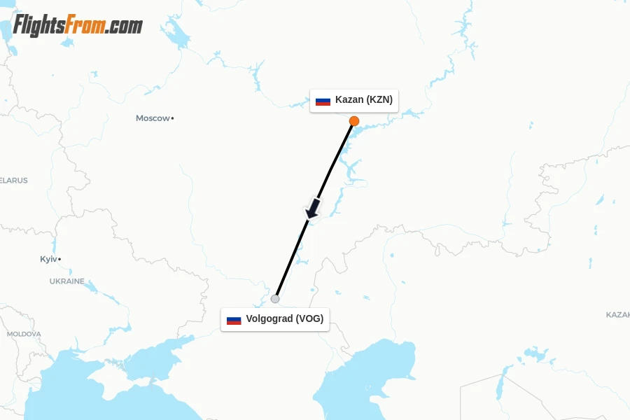 Flights from Kazan to Volgograd route map