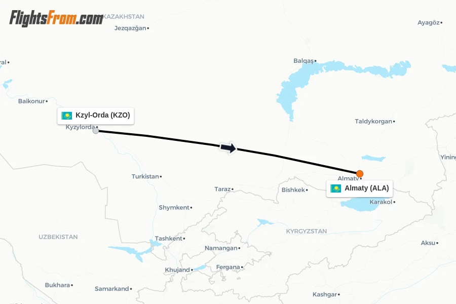 Flights from Kzyl-Orda to Almaty route map
