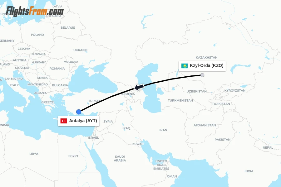 Flights from Kzyl-Orda to Antalya route map