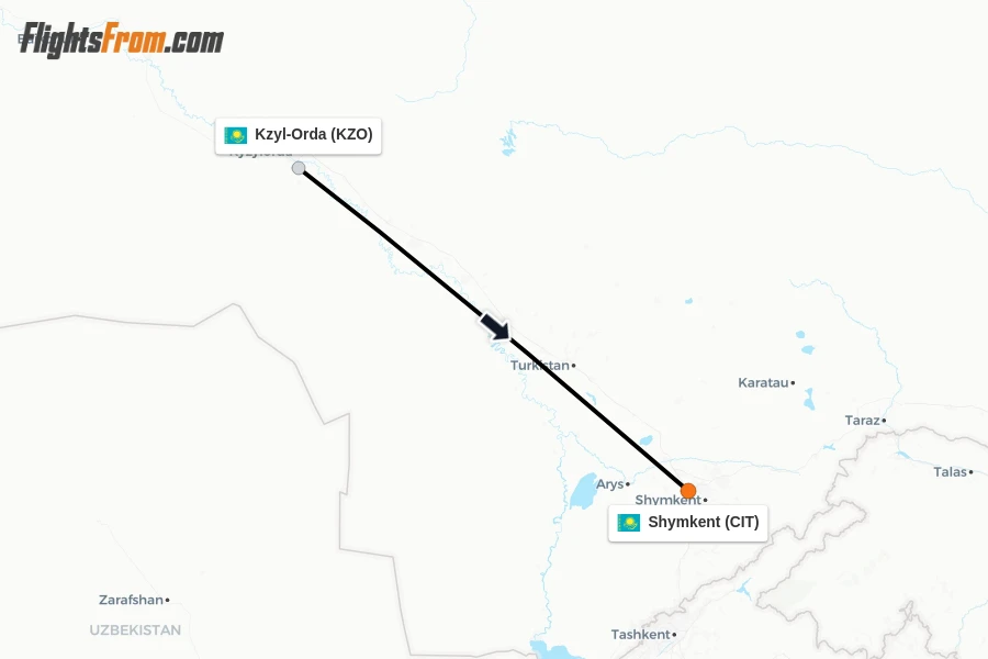 Flights from Kzyl-Orda to Shymkent route map