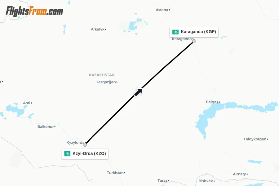 Flights from Kzyl-Orda to Karaganda route map