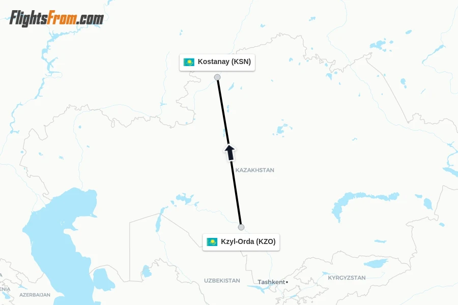 Flights from Kzyl-Orda to Kostanay route map