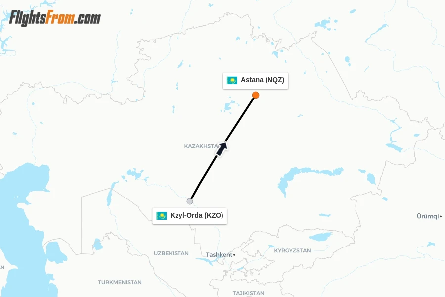 Flights from Kzyl-Orda to Astana route map