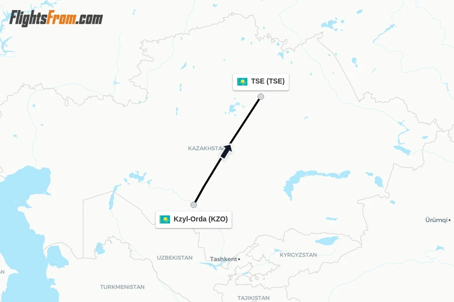 Flights from Kzyl-Orda to TSE route map