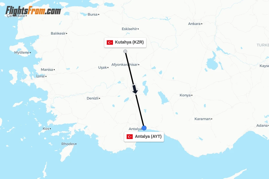 Flights from Kutahya to Antalya route map