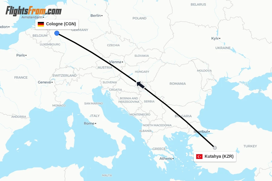 Flights from Kutahya to Cologne route map