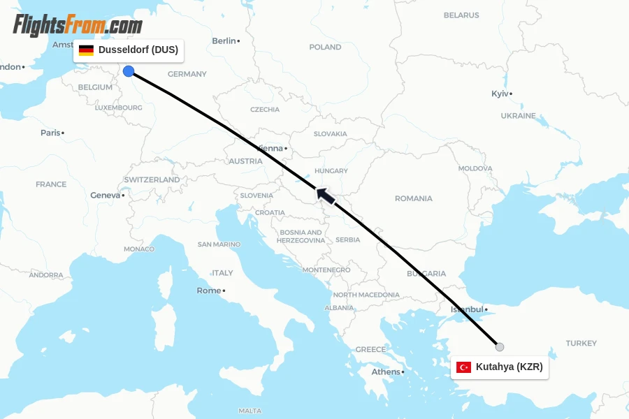 Flights from Kutahya to Dusseldorf route map