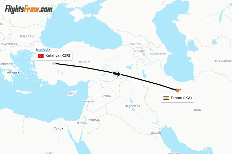 Flights from Kutahya to Tehran route map