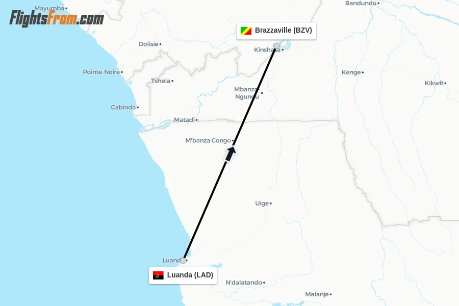 Flights from Luanda to Brazzaville route map