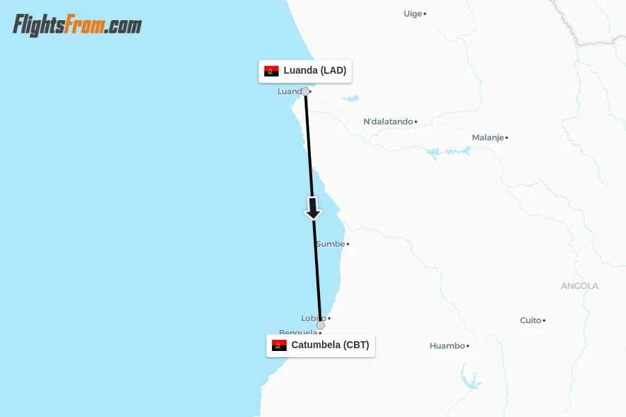 Flights from Luanda to Catumbela route map