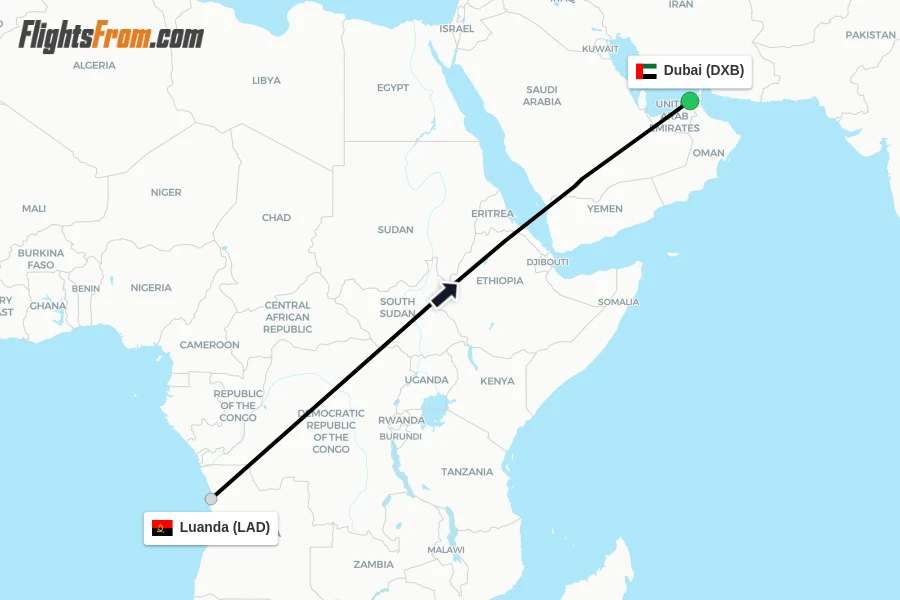 Flights from Luanda to Dubai route map