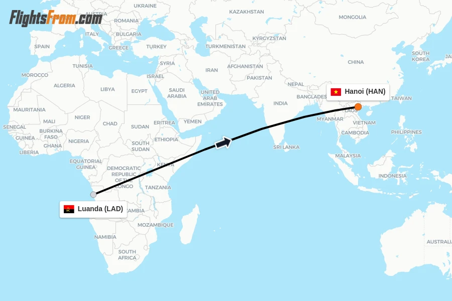 Flights from Luanda to Hanoi route map