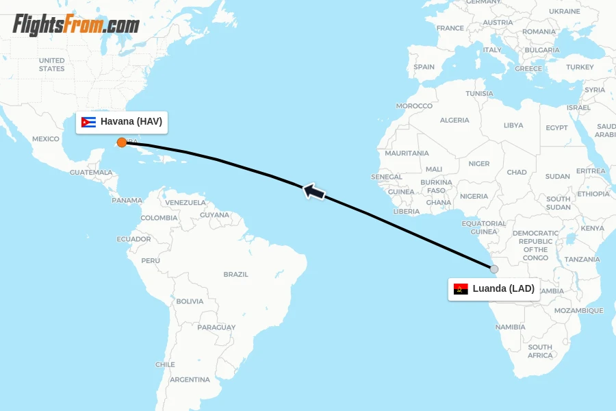 Flights from Luanda to Havana route map