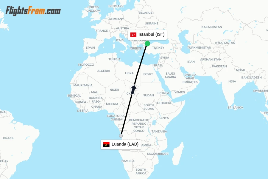 Flights from Luanda to Istanbul route map