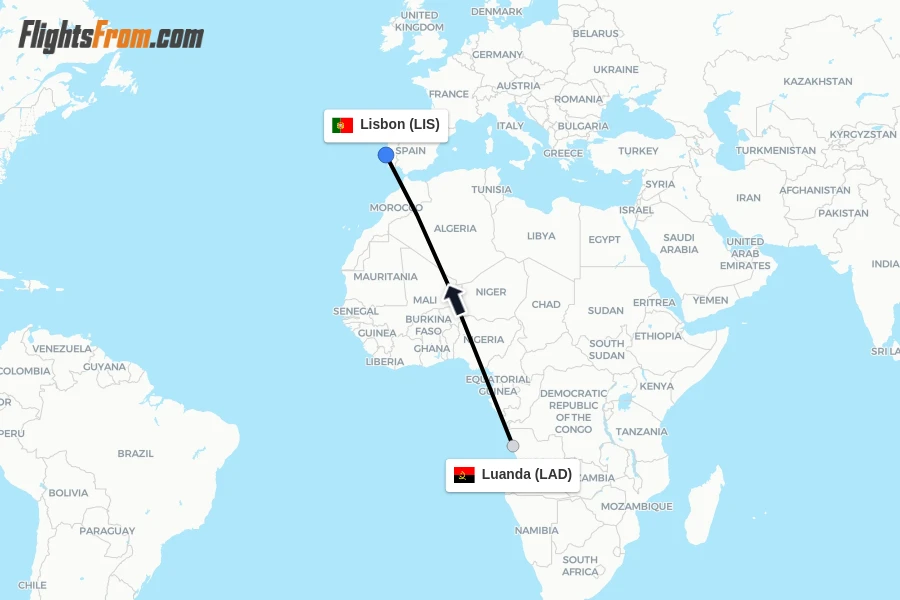Flights from Luanda to Lisbon route map