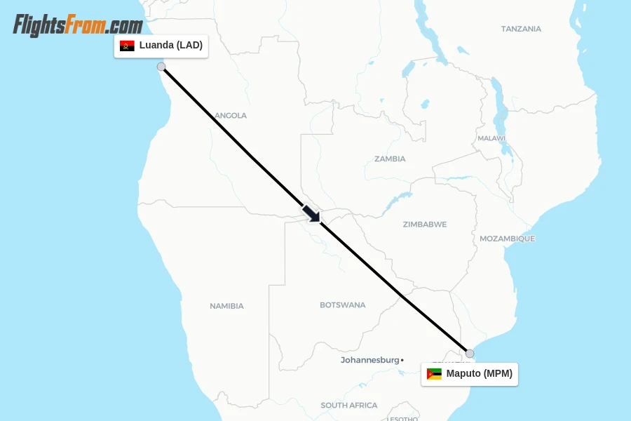 Flights from Luanda to Maputo route map