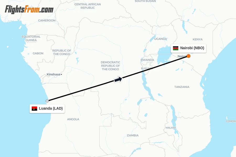 Flights from Luanda to Nairobi route map