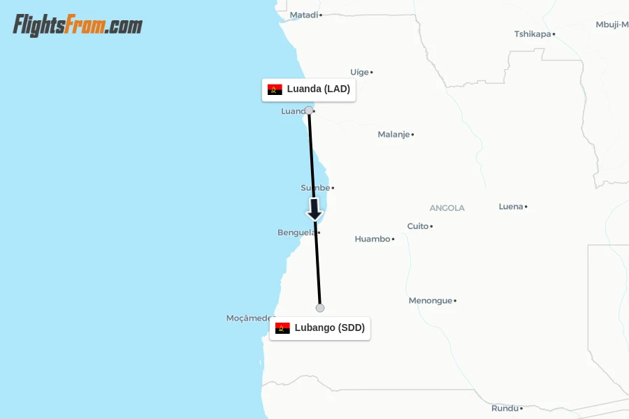 Flights from Luanda to Lubango route map