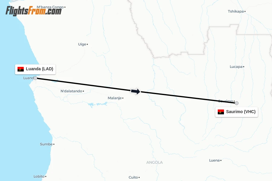Flights from Luanda to Saurimo route map