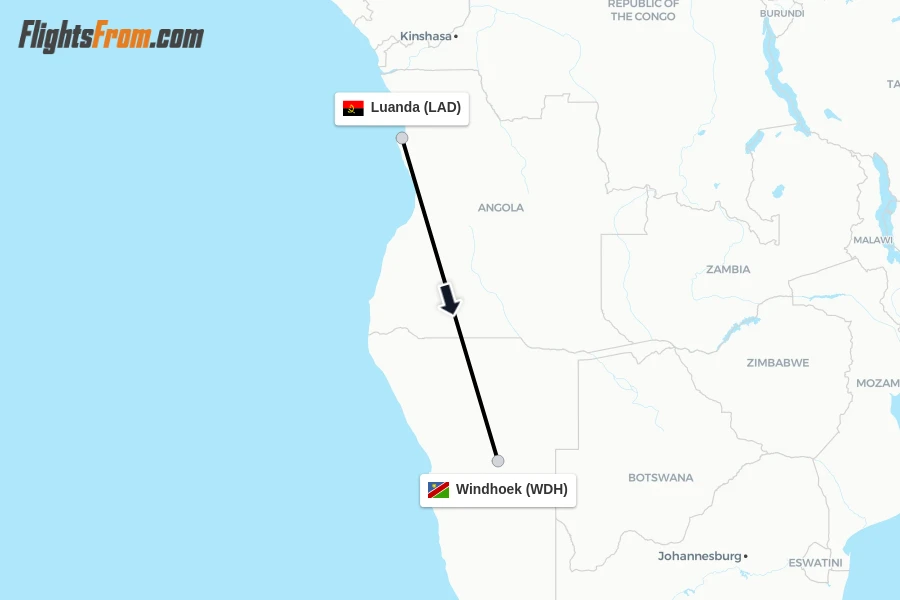 Flights from Luanda to Windhoek route map