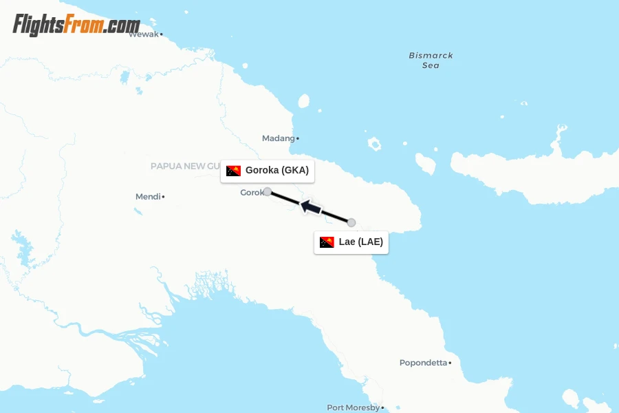 Flights from Lae to Goroka route map