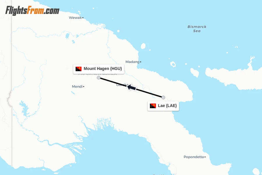 Flights from Lae to Mount Hagen route map