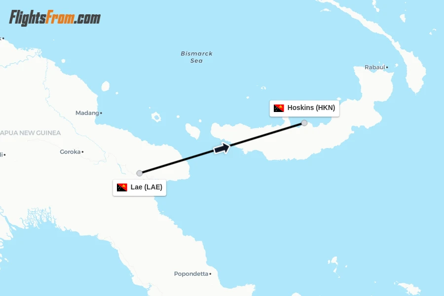 Flights from Lae to Hoskins route map