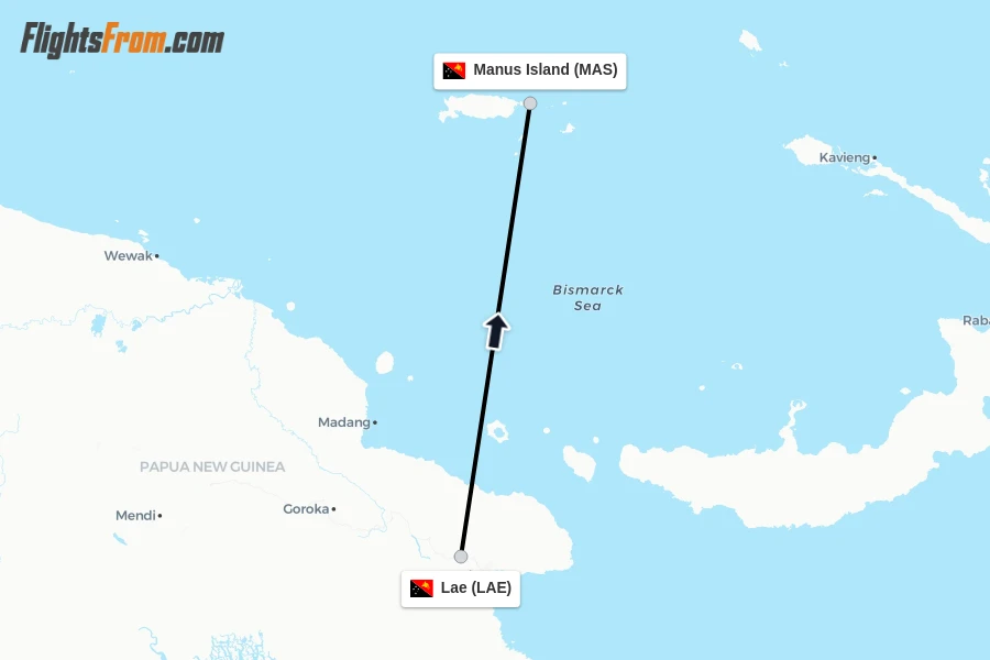 Flights from Lae to Manus Island route map