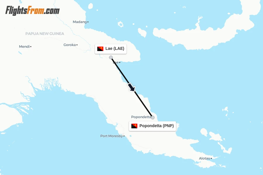 Flights from Lae to Popondetta route map