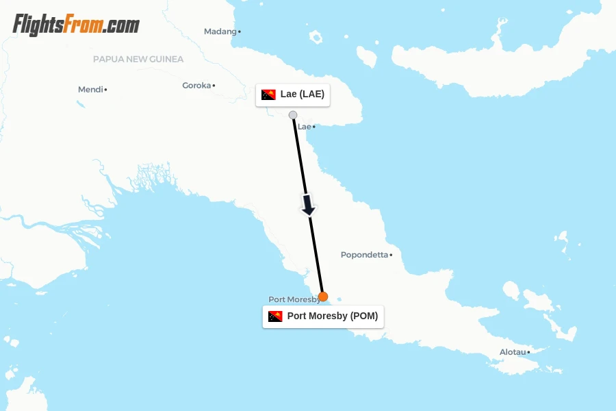 Flights from Lae to Port Moresby route map